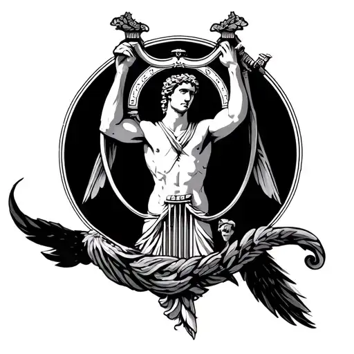 apollo greek god, lyre bow and quiver tattoo design idea