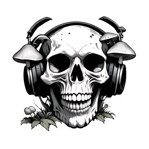 mushrooms growing out of a demon skull wearing headphones tattoo design idea