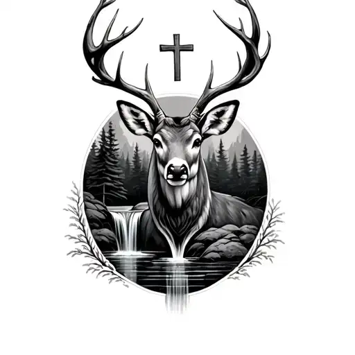 deer with cross floating over its head in the forest with small waterfall tattoo design idea