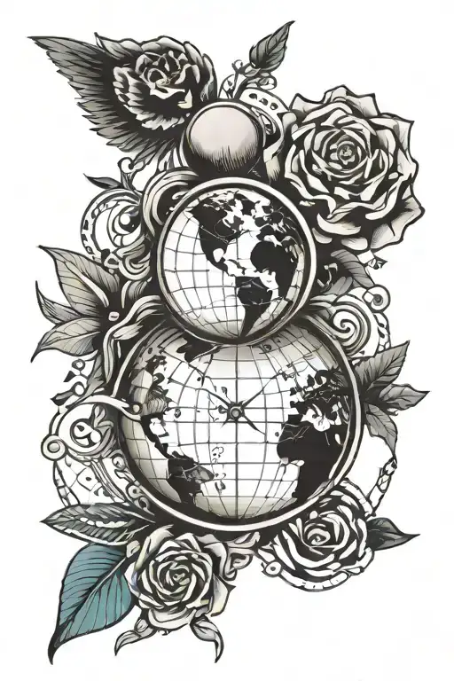 A traditional style tattoo of a globe surrounded by geometric shapes and symbols of learning, symbolizing your passion for education and exploration tattoo design idea