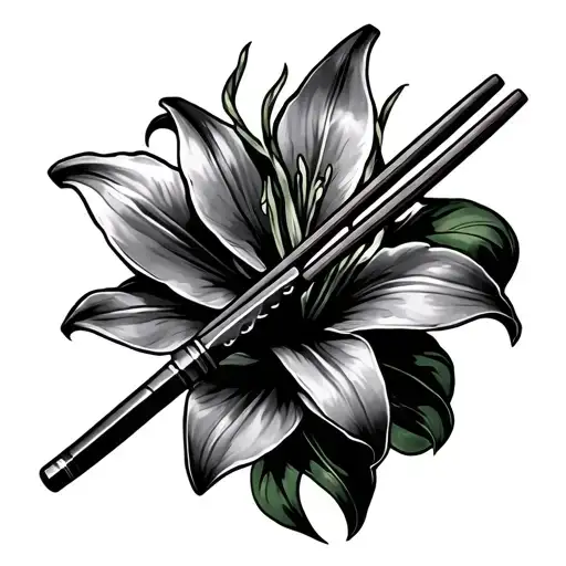 butcher knife and chopsticks in the middle of a lilly tattoo design idea