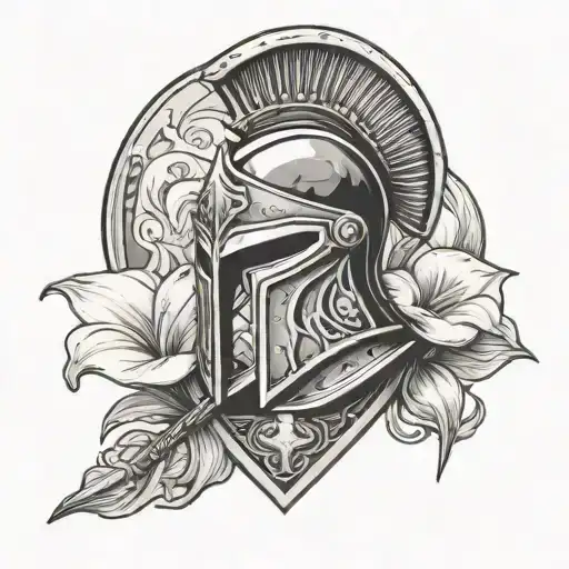 spartan helmet with battle scars in front of a shield with a crossed sword, pike behind it, surrounded by calla lillies tattoo design idea