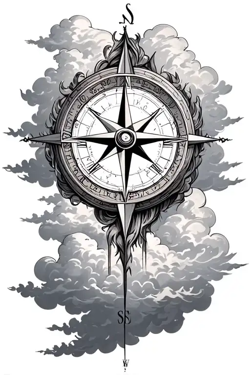 clouds backround sleeve compass Roman numerals surrounded tattoo design idea