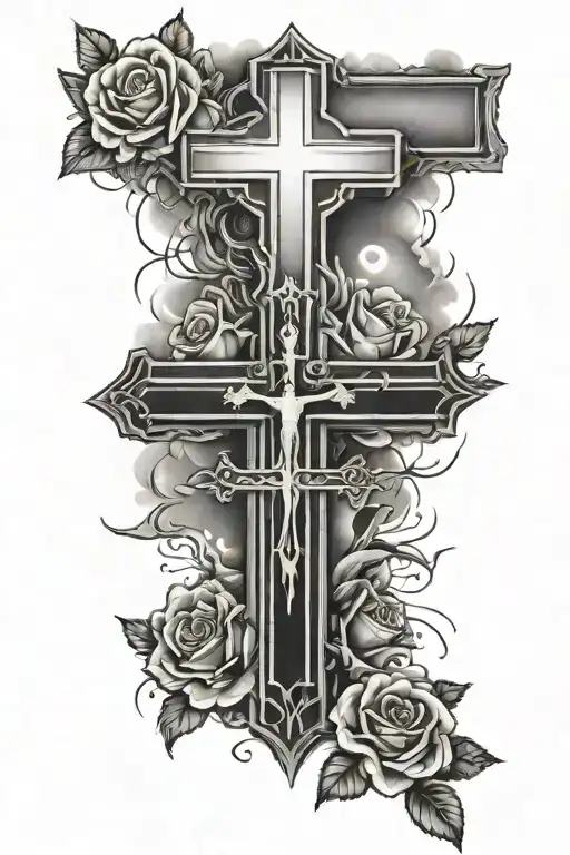 3 Crosses with rosses under and sunlight coming from the top with clouds in the middle  tattoo design idea