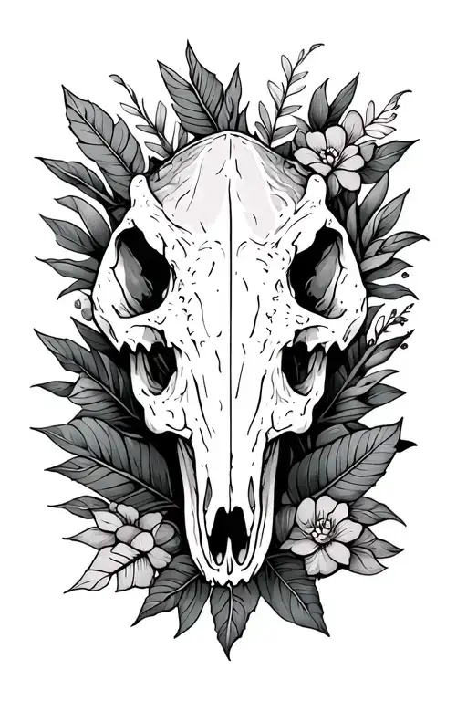 spinosaurus skull surrounded by leaves and floral designs tattoo design idea