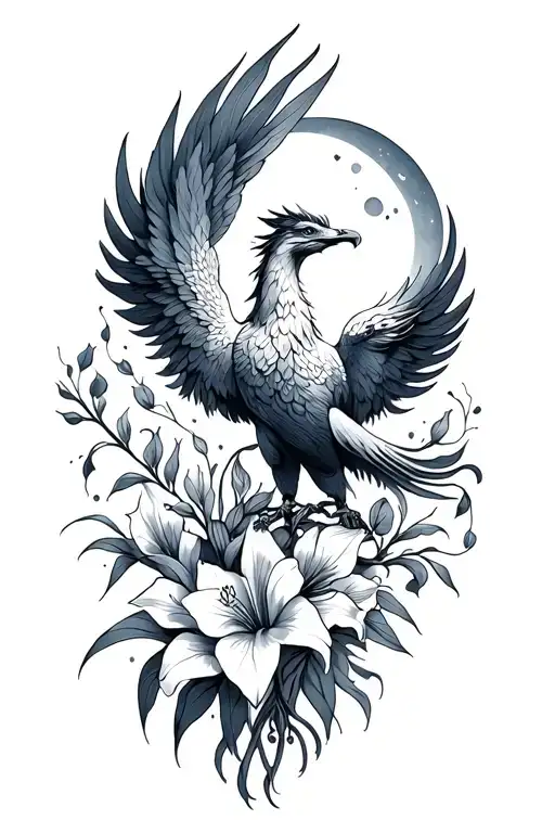 Phoenix with gladiolus and moon tattoo design idea