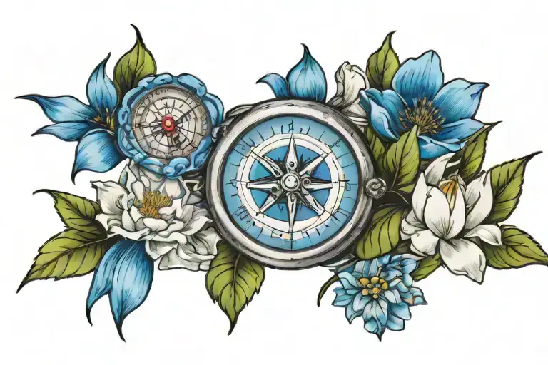 silver pocket compass pointing north with blue peonies, white lilies, and white dogwood flowers tattoo design idea
