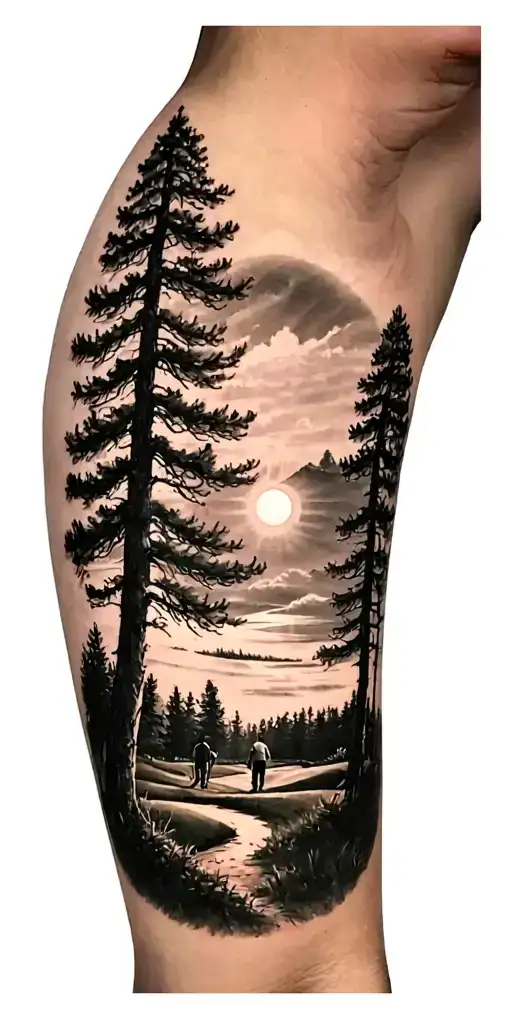 pine forest scene and family on golf course and ansel adams and sun clock tattoo design idea