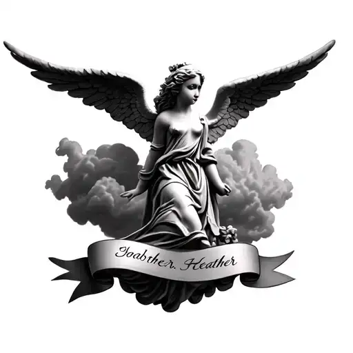 black and grey beautiful angel with smooth clouds and a ribbon banner with the name heather in the ribbon banner  tattoo design idea