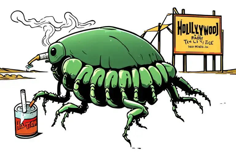 maggot with no legs smoking a cigarette in front of Hollywood sign tattoo design idea