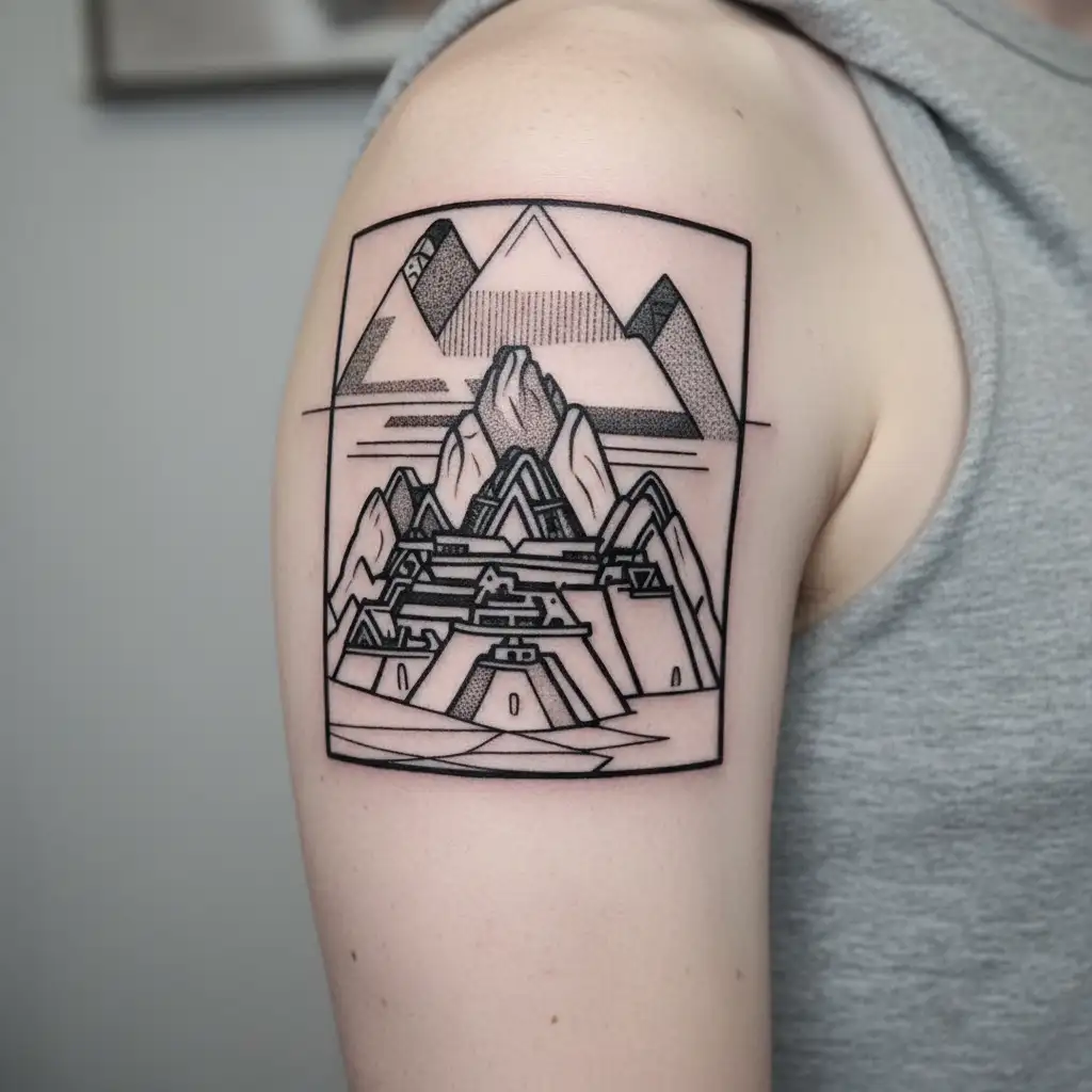 Machu Picchu is a 15th-century Inca citadel located in the Eastern Cordillera of southern Peru, dotted lines tattoo design idea