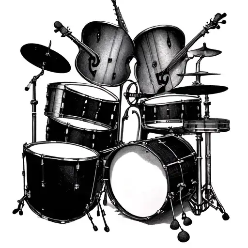 A surreal composition of musical instruments morphing into each other, with a focus on drums and percussion, in dotwork style tattoo design idea