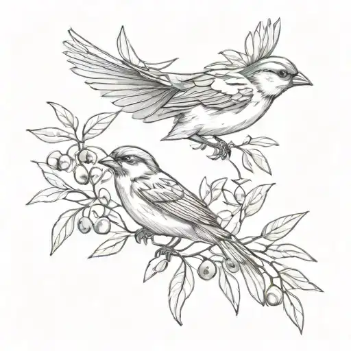two sparrows mid flight with olive branches in their beaks  tattoo design idea