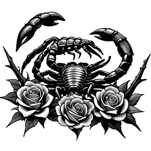 A scorpion above two crowns of rose thorns, with an anchor connecting them. tattoo design idea
