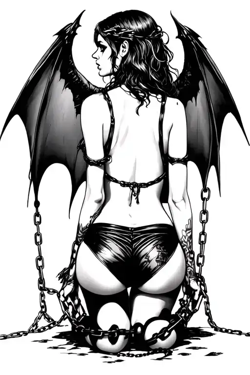 sexy Succubus On her knees chained down Hands behind your back wearing little clothing  full body With  bat wings  tattoo design idea