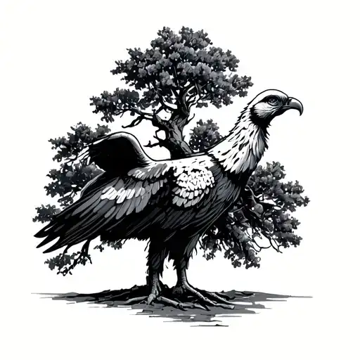 cottonwood tree, a vulture extending its wings, minimalist, black and grey tattoo design idea