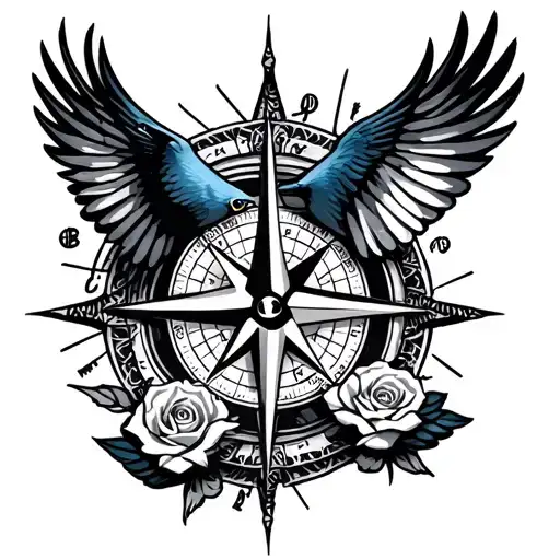 compass roses and swallows flying tattoo design idea