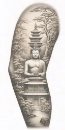 Buddhist inspired and representing someone's spiritual journey. focus on nature scenary. tattoo design idea