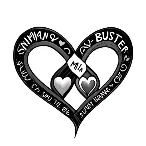 infinity símbol with hearts inside and pets names inside hearts TJ Mía Sunny Buster tattoo design idea