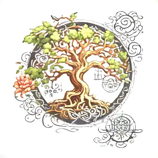 A majestic Tree of Life stands central, connecting heaven and earth. The top section reaches towards the sky, surrounded tattoo design idea