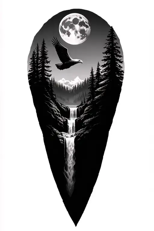 forest with a waterfall in the middle and a bald eagle flying with a moon in the background tattoo design idea