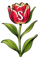 A tulip where the stem and leaves shape into the letter K. On one leaf is the letter S in the veins of the leaf, and in  tattoo design idea
