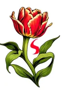 A tulip where the stem and leaves shape into the letter K. On one leaf is the letter S in the veins of the leaf, and in  tattoo design idea