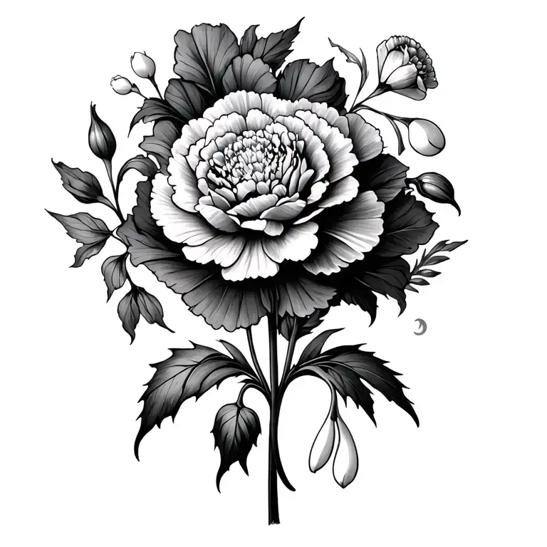 3 carnation flower along with snow drop flower and a capricorn zodiac sign masculine for men black and gray style tattoo design idea