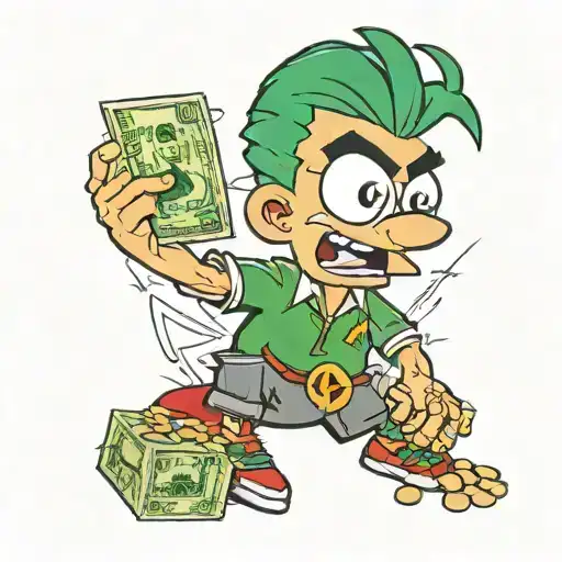 phenies-ferb with green hair and having red eyes flexing money and diamond chain tattoo design idea