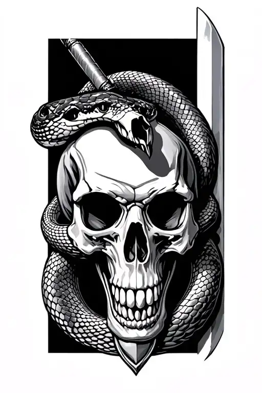 snake with skull exposed wrapping around a broadsword tattoo design idea