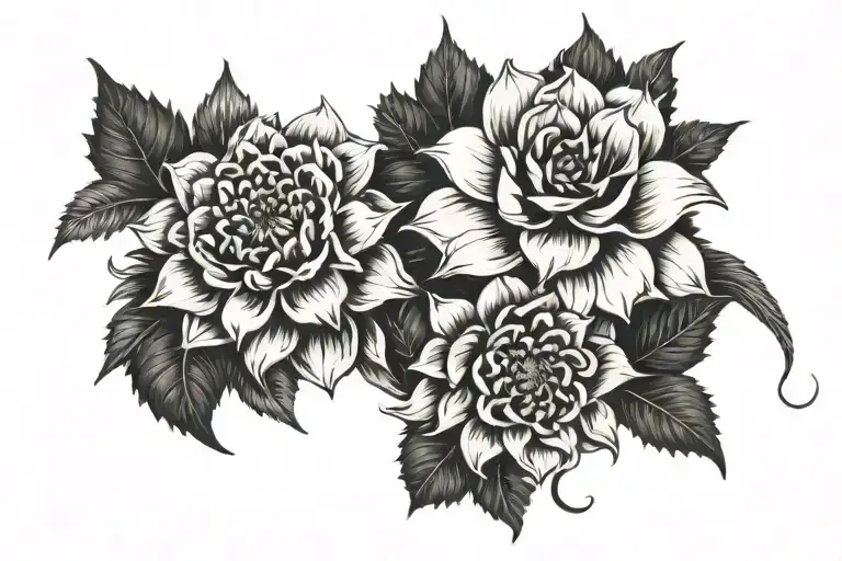 Black Dahlia with black leaves tattoo design idea