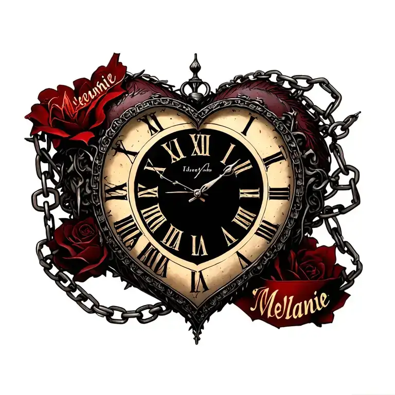 "Mélanie" "Mélanie" Clock Heart Chains tattoo design idea
