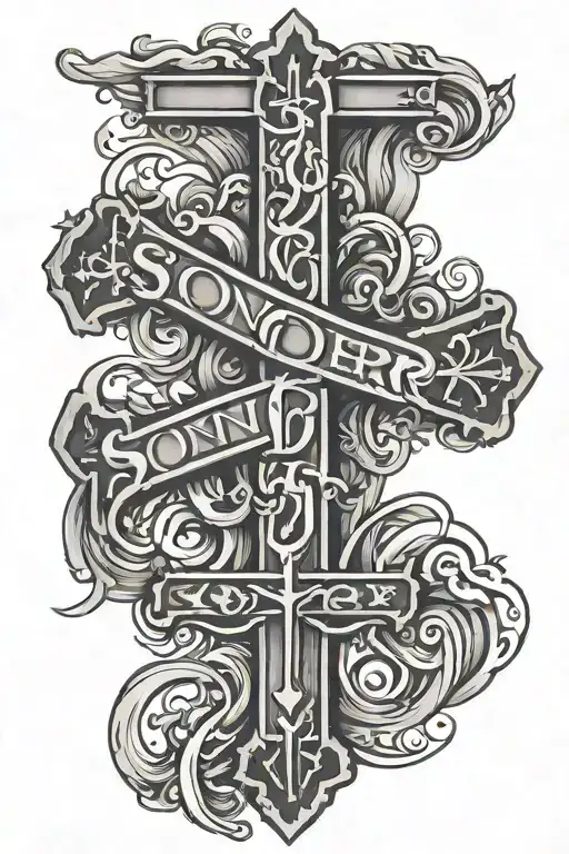 a cross with the word sonder intertwined tattoo design idea