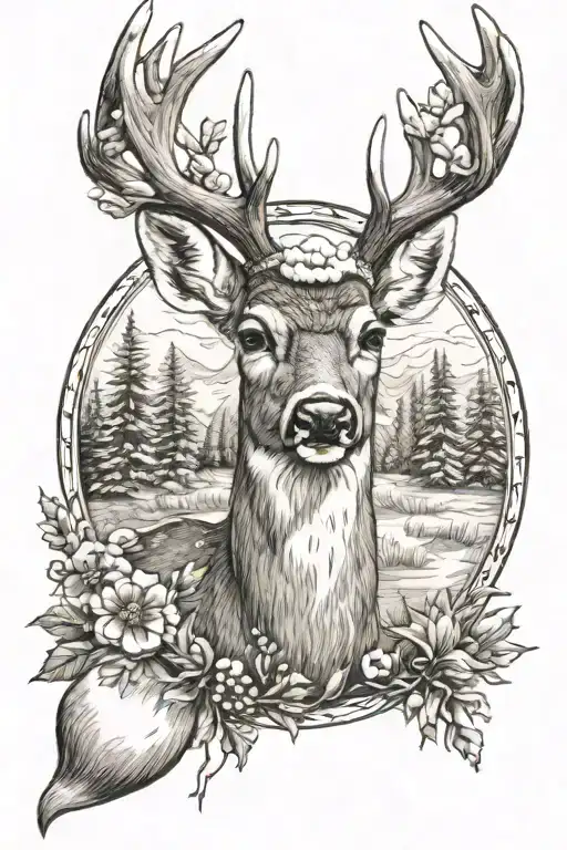 a whitetail deer with a white stocking cap surrounded tattoo design idea