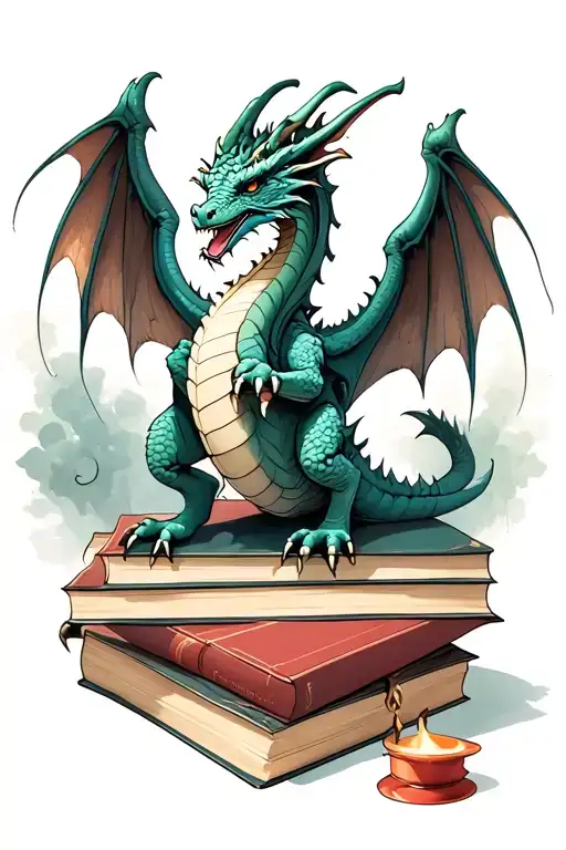 Dragon with wings, standing on top of 3 closed books fine line and realism. boho tattoo design idea