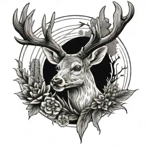 white tail deer antlers with an arrow and cactus growing tattoo design idea