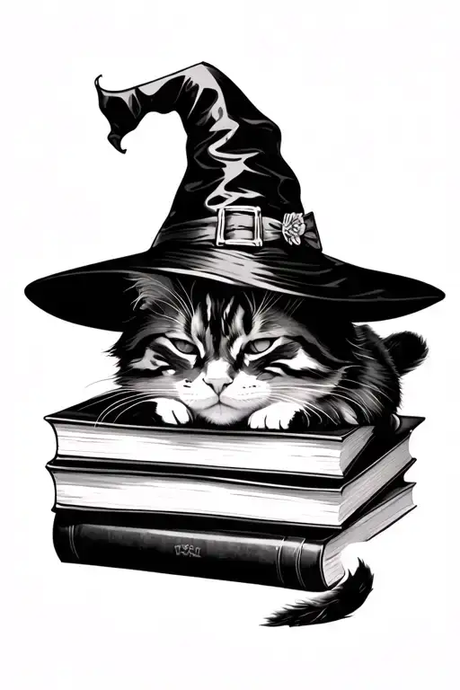 A black and white realistic tattoo design featuring a cute cat wearing a witch's hat, peacefully sleeping on books tattoo design idea