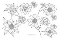 tiny chrysanthemum, aster, marigold bouquet fine line tattoo design idea
