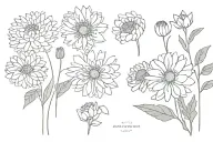 tiny chrysanthemum, aster, marigold bouquet fine line tattoo design idea