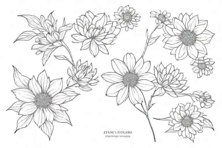 tiny chrysanthemum, aster, marigold bouquet fine line tattoo design idea