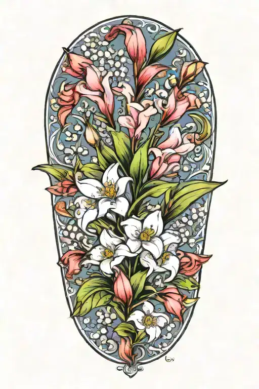 A unique design combining elements of lily of the valley and gladiolus flowers to create a symbolic representation of the client's role as a Gigi, surrounded by smaller flowers representing her grandchildren tattoo design idea