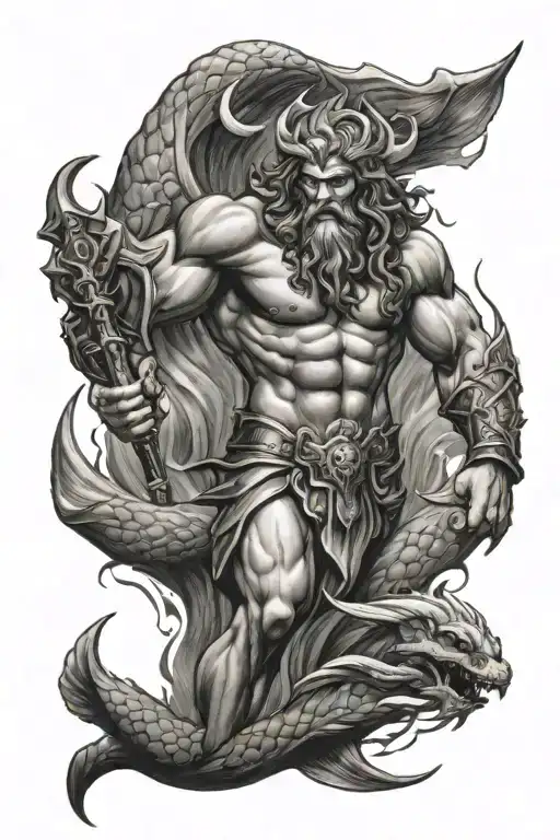 poseidon charging up with mermaid warriors tattoo design idea