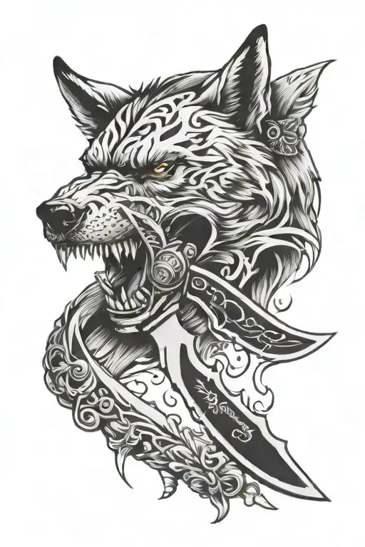 skull butterfly knife wolf tattoo design idea