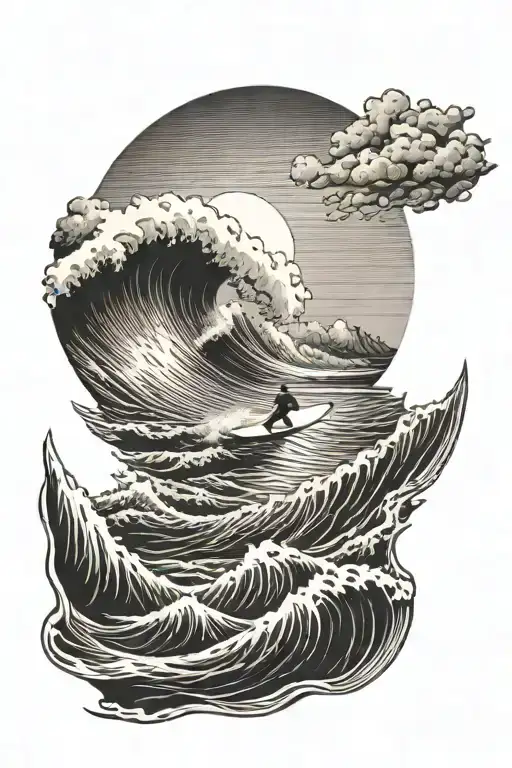 bright sun with point break landscape  in the foreground with with surfer riding a barrelling wave tattoo design idea