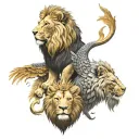 half a lion and half eagle, facing each other back to back, Both half-animals have a common golden crown. tattoo design idea