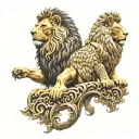 half a lion and half eagle, facing each other back to back, Both half-animals have a common golden crown. tattoo design idea