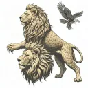 half a lion and half eagle, facing each other back to back, Both half-animals have a common golden crown. tattoo design idea