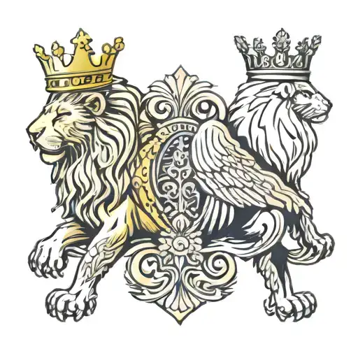 half a golden lion and half a silver eagle, facing each other back to back, both half-animals have a golden crown. tattoo design idea