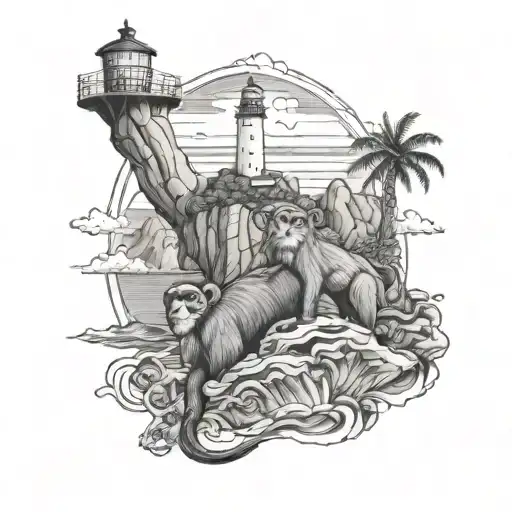  Gibralter rock   and monkey. with light house  tattoo design idea