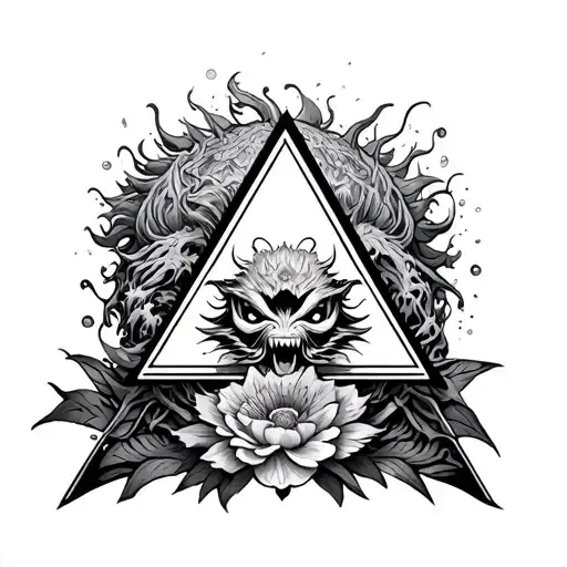 Illuminati triangle shape with Korean and Japan monster and flower  tattoo design idea